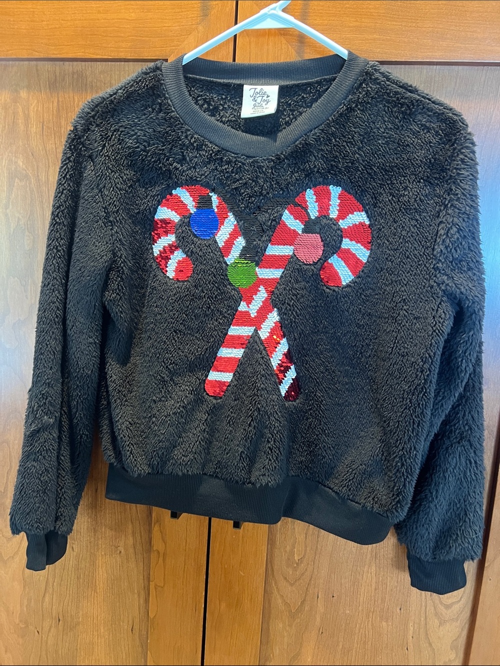 Jolie Black Plush Kids Crewneck Sweater with Red & White Candy Canes
